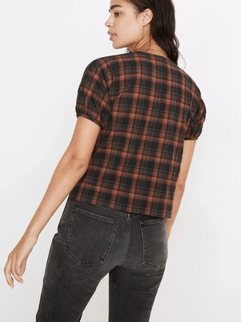 MADEWELL GATHERED V-NECK FALL CAMPFIRE PLAID TOP SZ XXL